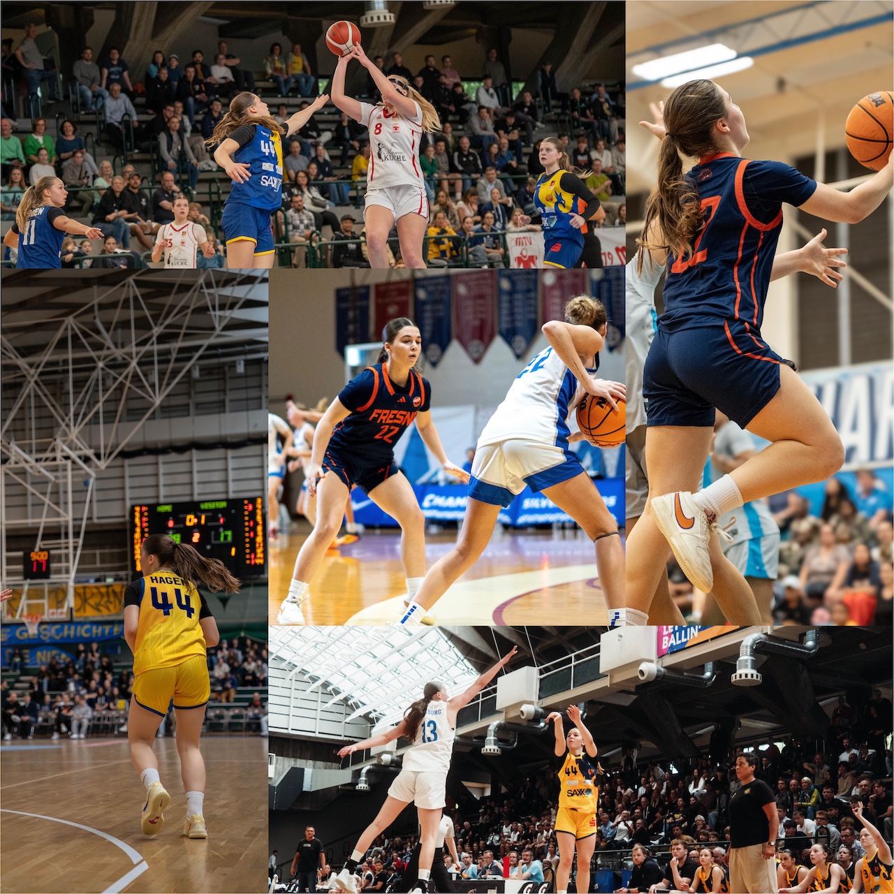 Basketballspielerinnen in Aktion waehrend spannender Spiele vor Publikum