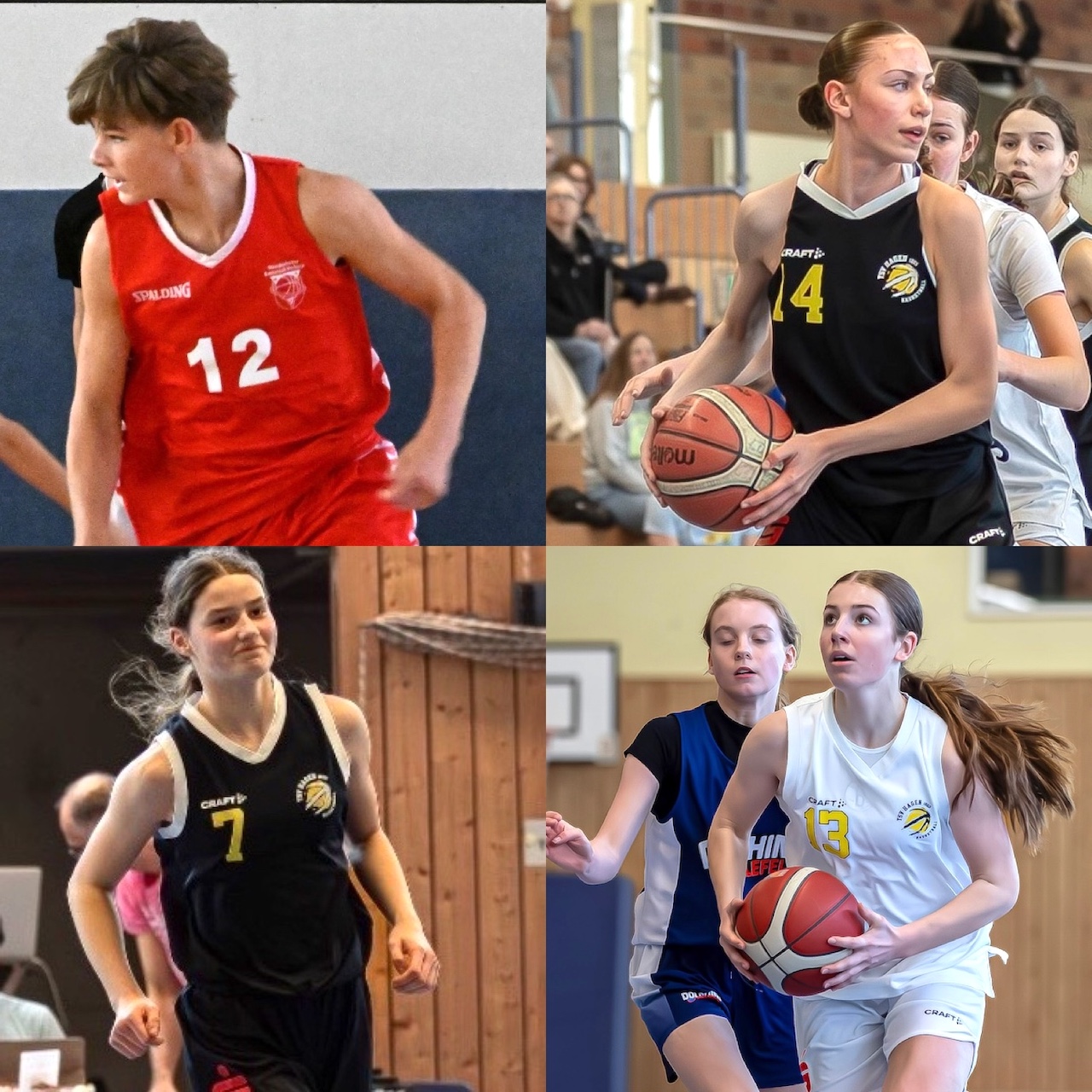 Junge Basketballspielerinnen in roten schwarzen und weissen Trikots beim Spiel