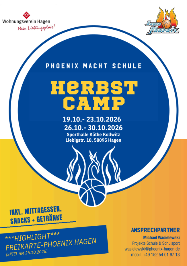 Blaugelbes Plakat fuer ein Basketball Herbstcamp mit Flammen und Ball