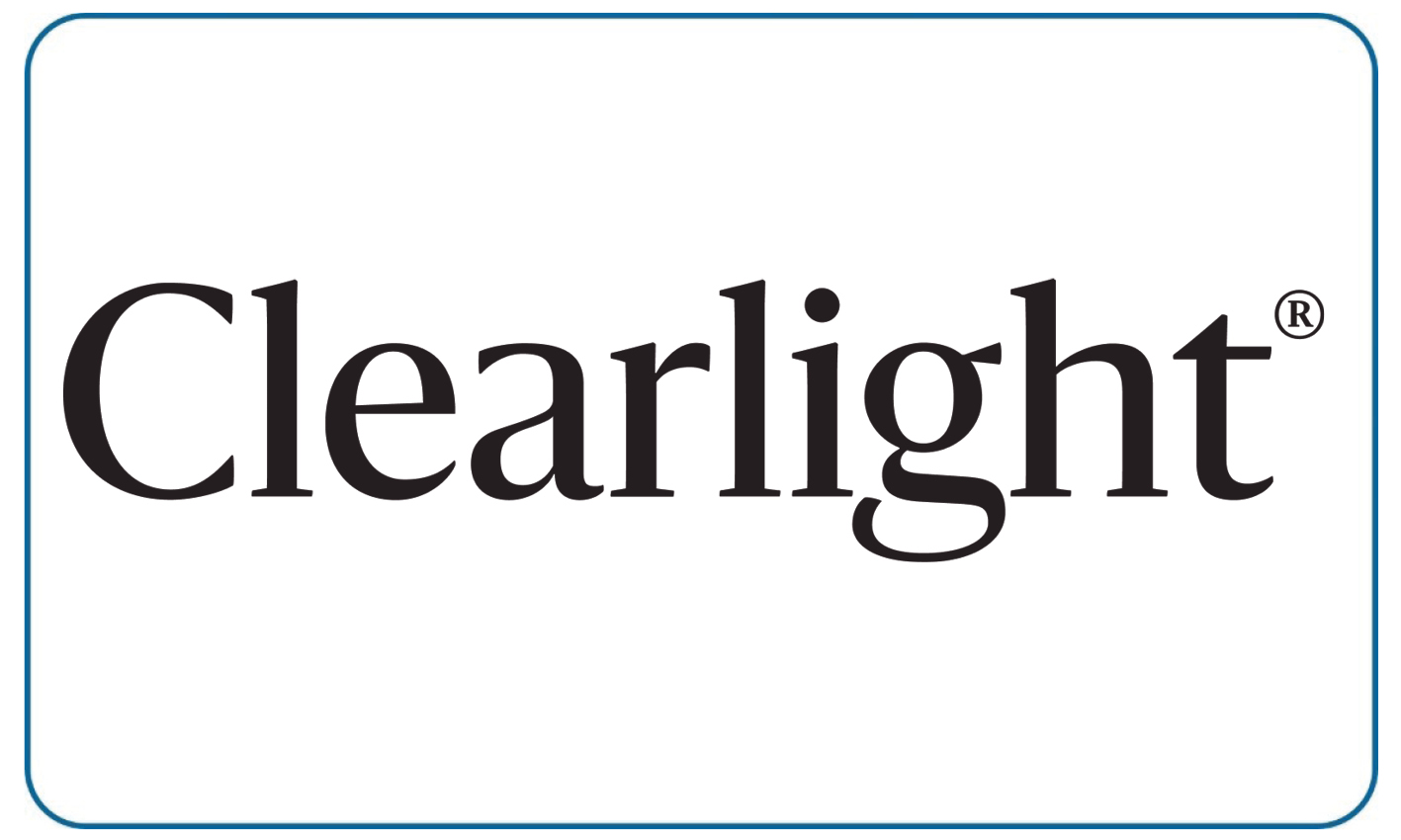 Schwarzer Clearlight Schriftzug mit blauem Rahmen auf weissem Hintergrund