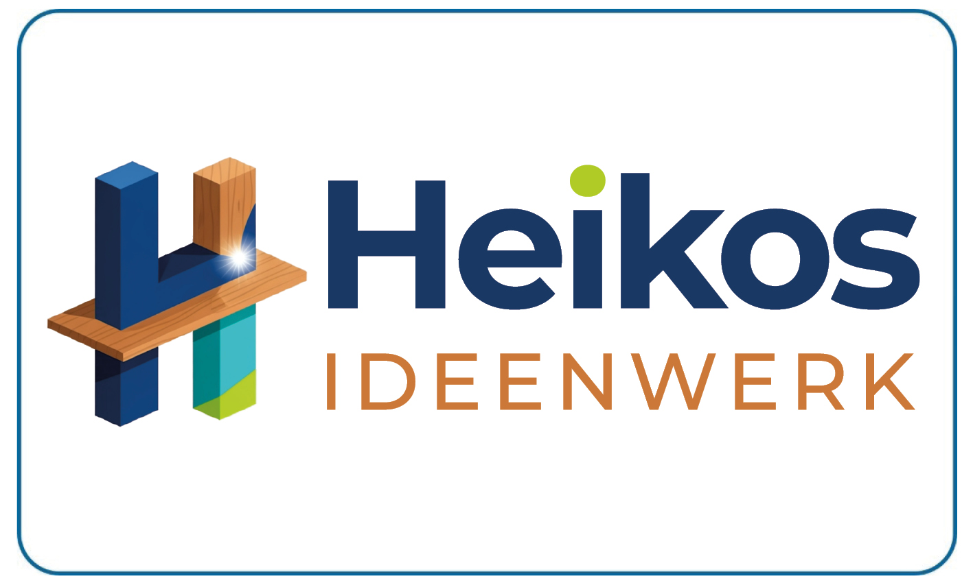Logo von Heikos Ideenwerk mit blauem H aus Holz und orangem Schriftzug