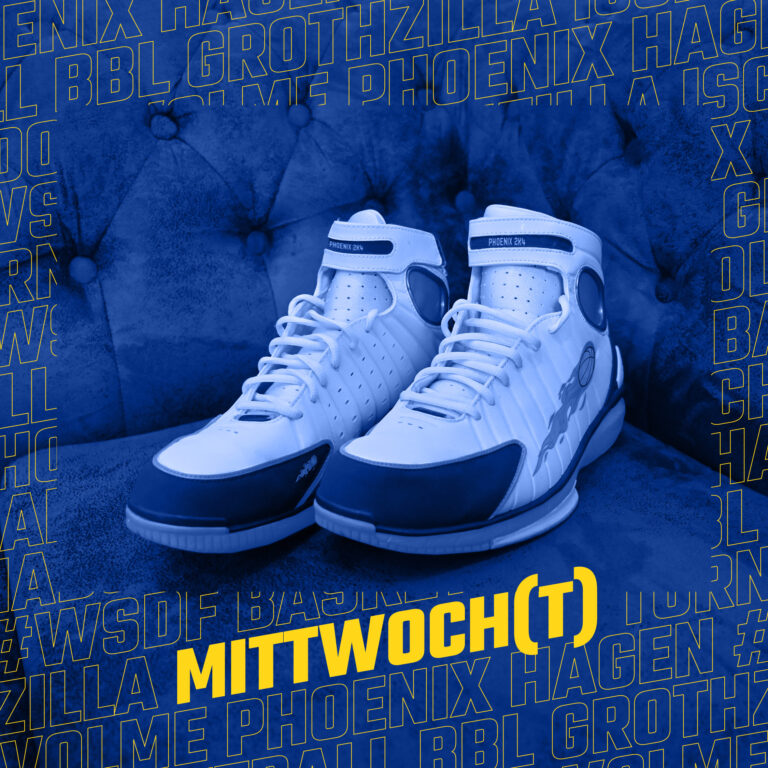 Weisse Basketballschuhe Phoenix 2K4 auf blauem Sessel mit Schriftzug Mittwoch