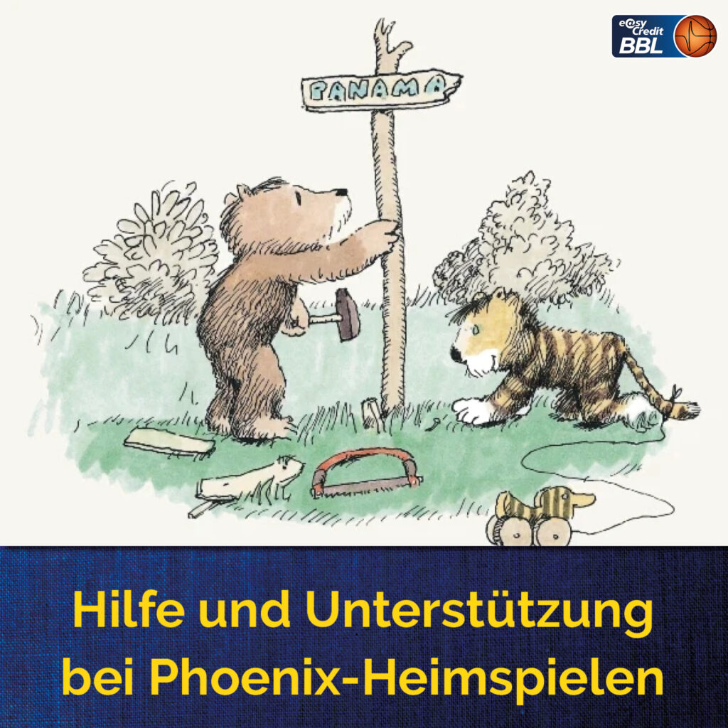 Baer und Tiger stellen einen Wegweiser nach Panama auf, daneben BBL Logo