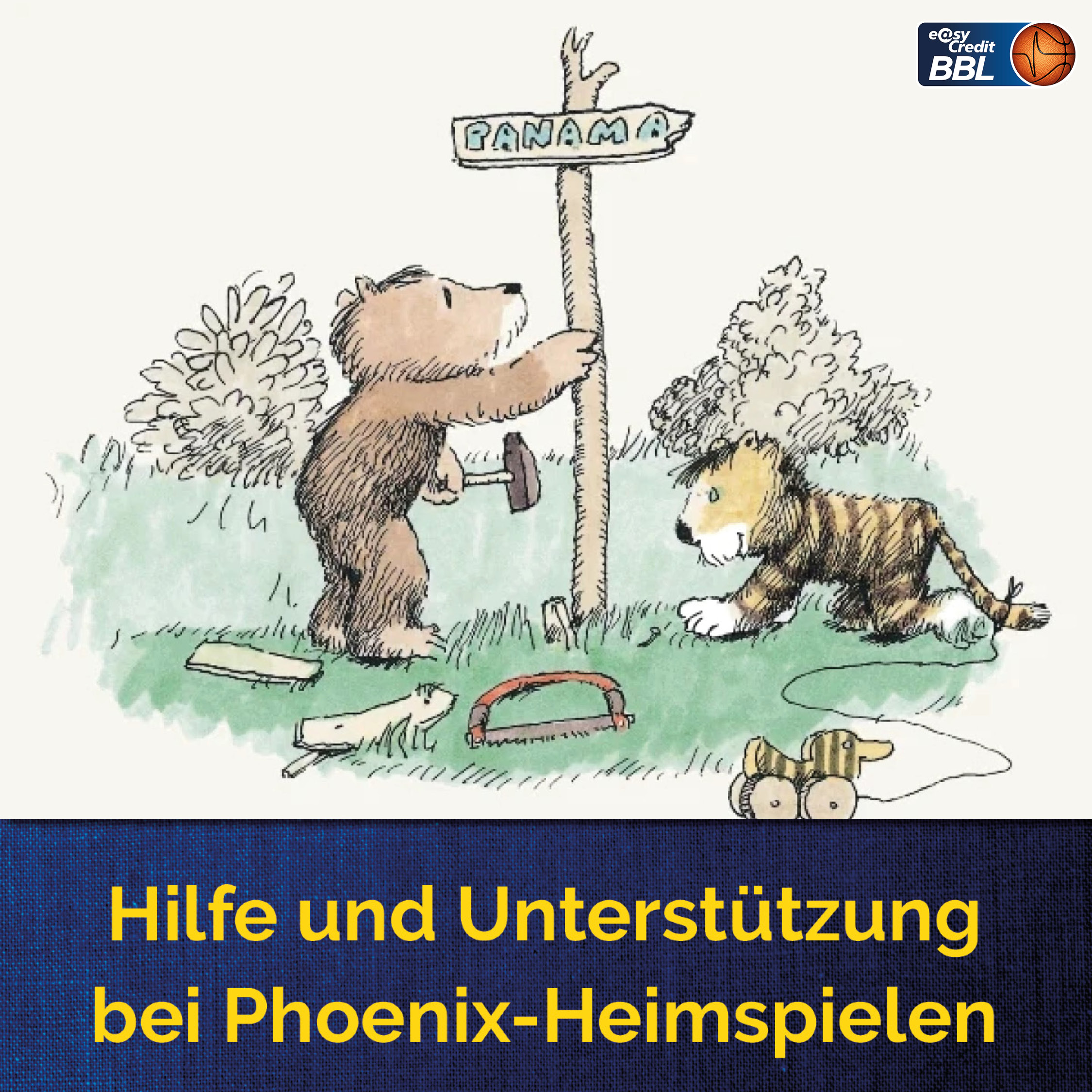 Baer und Tiger stellen einen Wegweiser nach Panama auf, daneben BBL Logo