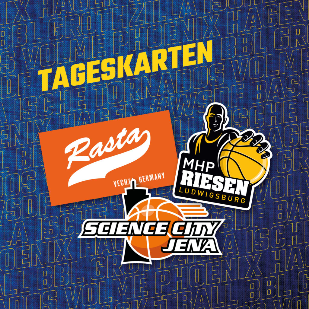Blaue Grafik mit dem Titel Tageskarten und drei Basketball Vereinslogos