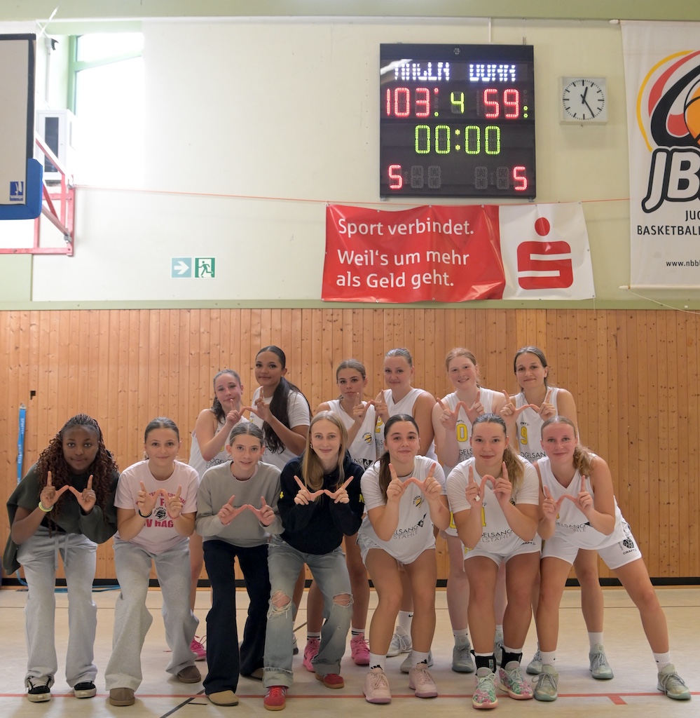 Junge Basketballmannschaft posiert laechelnd mit Handzeichen in der Sporthalle