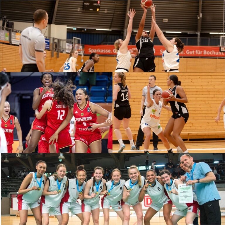 Eine Bildcollage jubelnder Basketballspielerinnen mit Medaillen und Urkunde