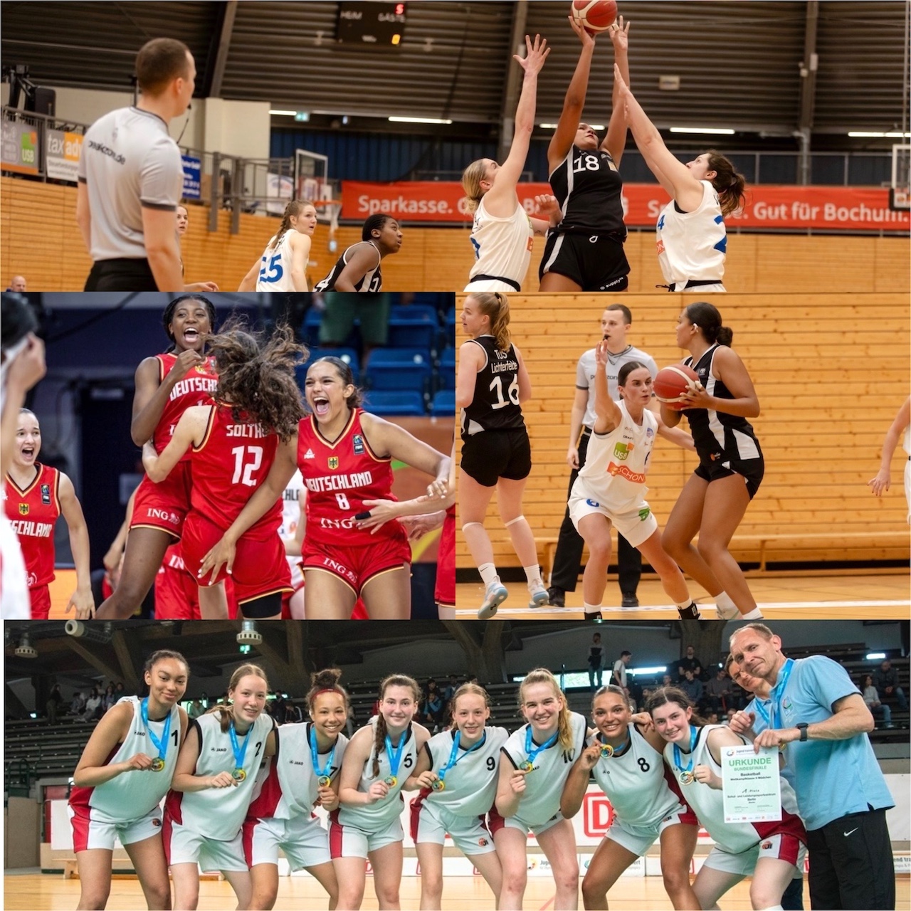 Eine Bildcollage jubelnder Basketballspielerinnen mit Medaillen und Urkunde