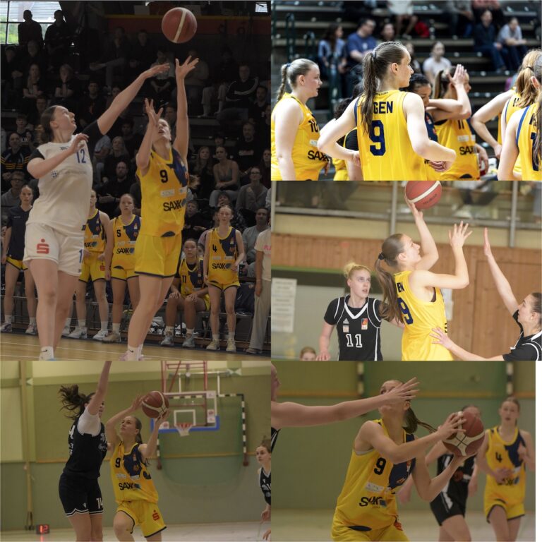 Basketballspielerinnen in gelben Trikots konzentriert beim Spiel in der Halle