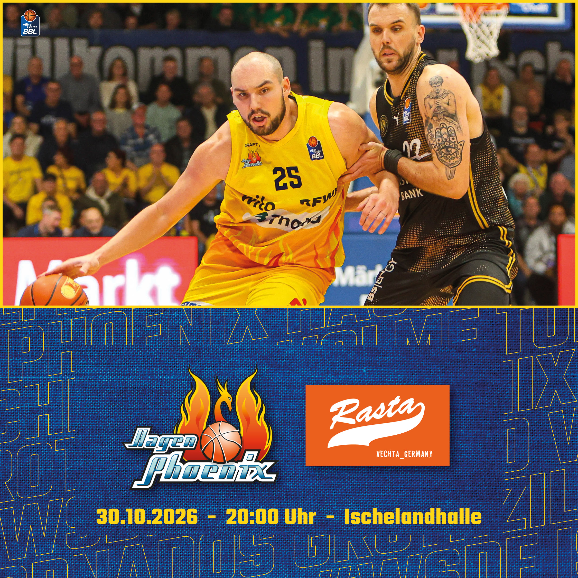 Basketballspieler im gelben Trikot dribbelt konzentriert gegen Gegner in Schwarz