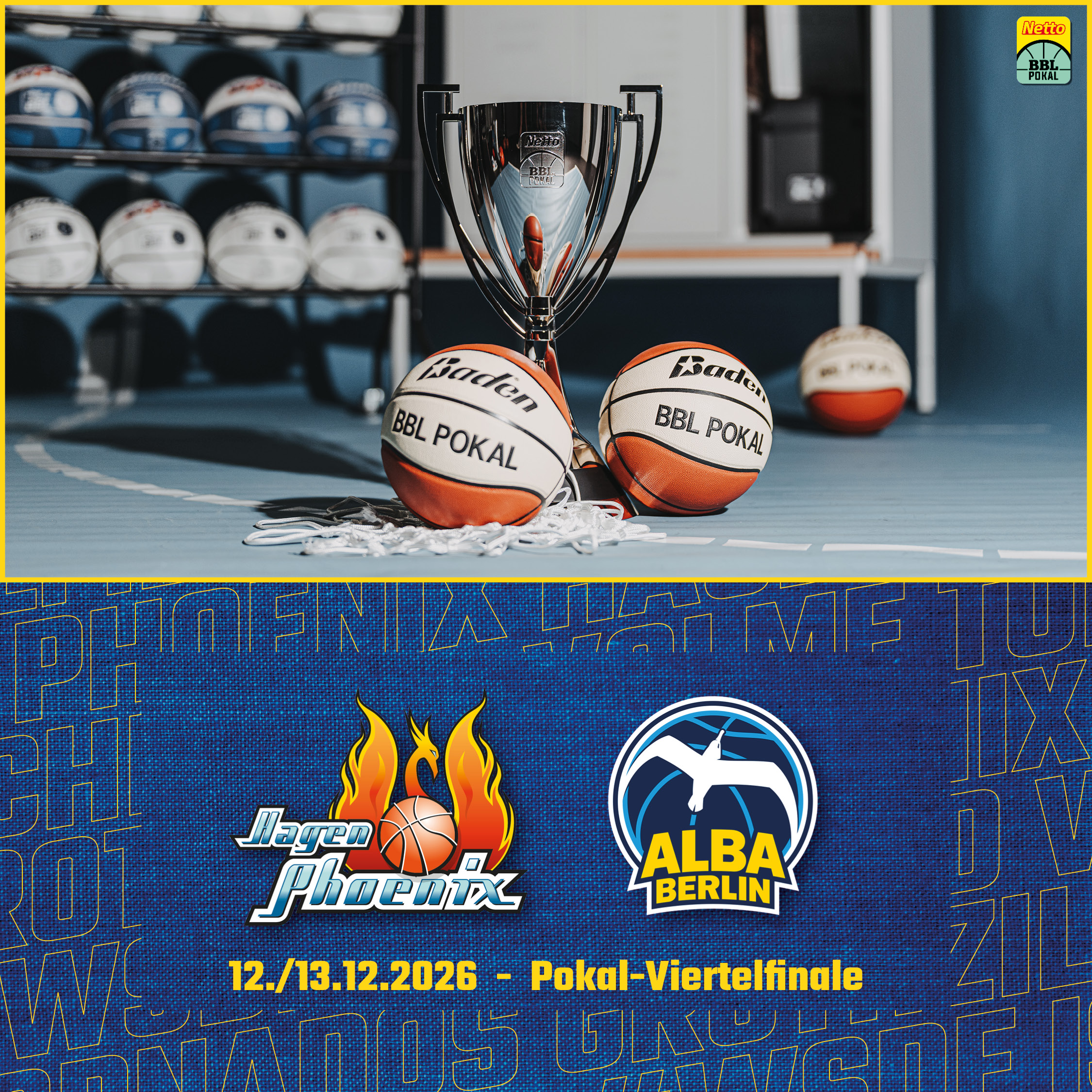 BBL Pokal Viertelfinale zwischen Hagen Phoenix und Alba Berlin mit Pokal und Baellen