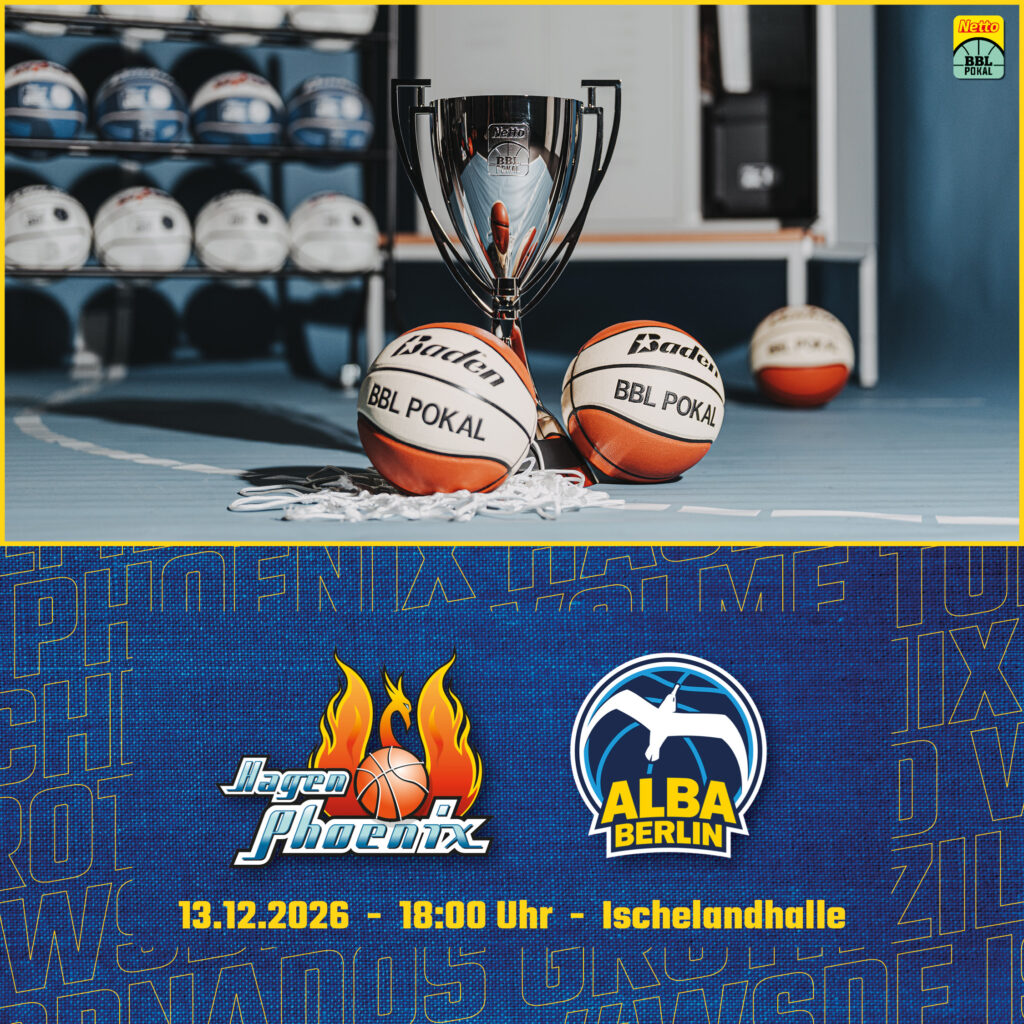 BBL Pokal Spielankuendigung Hagen Phoenix gegen Alba Berlin mit Pokal und Baellen