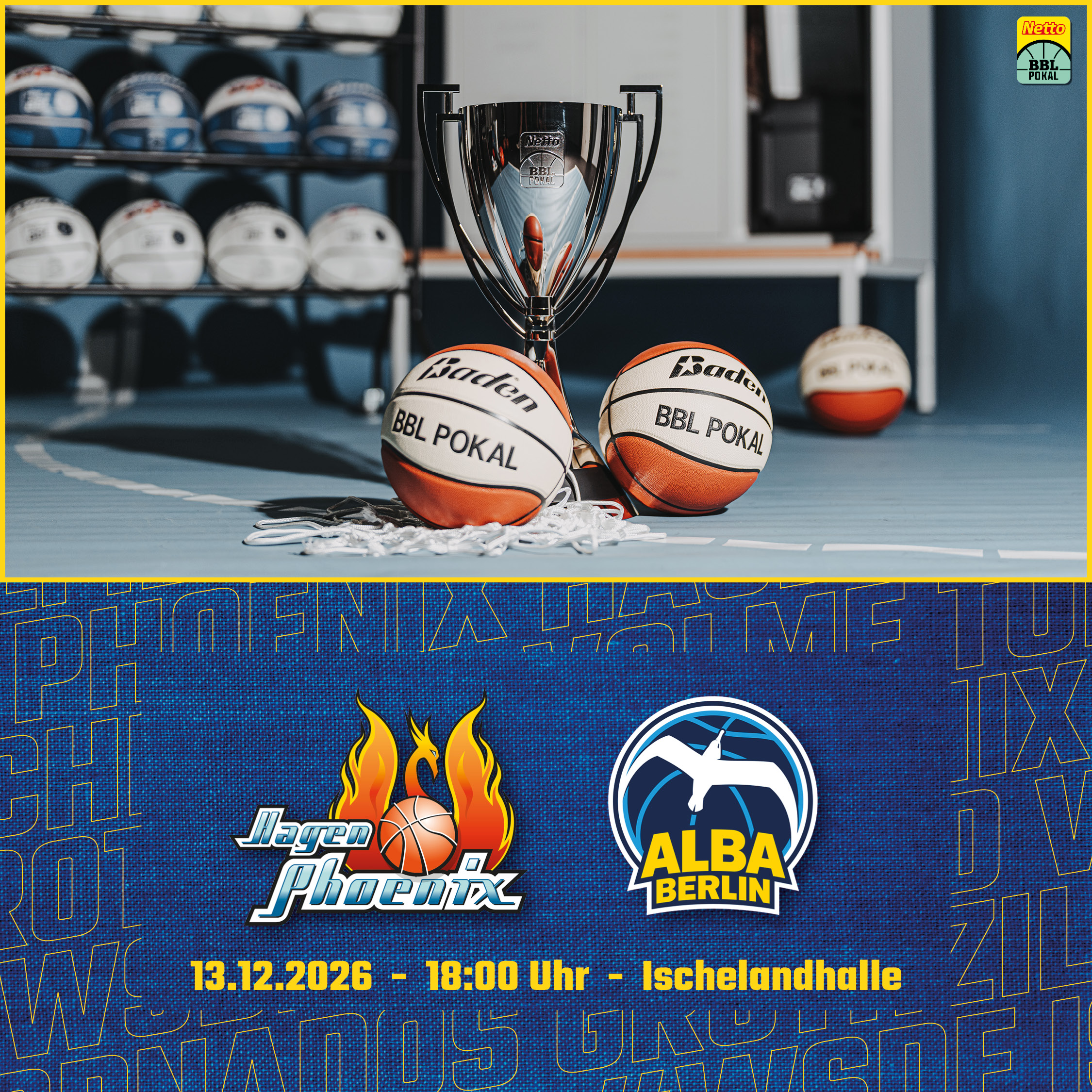 BBL Pokal Spielankuendigung Hagen Phoenix gegen Alba Berlin mit Pokal und Baellen