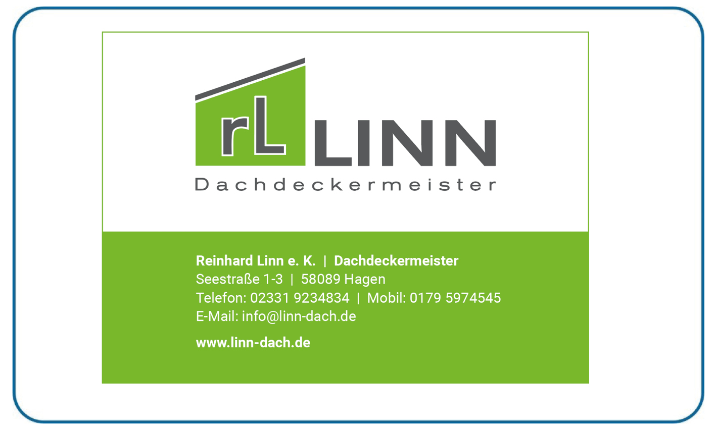 Visitenkarte des Dachdeckermeisters Reinhard Linn in Gruen und Grau