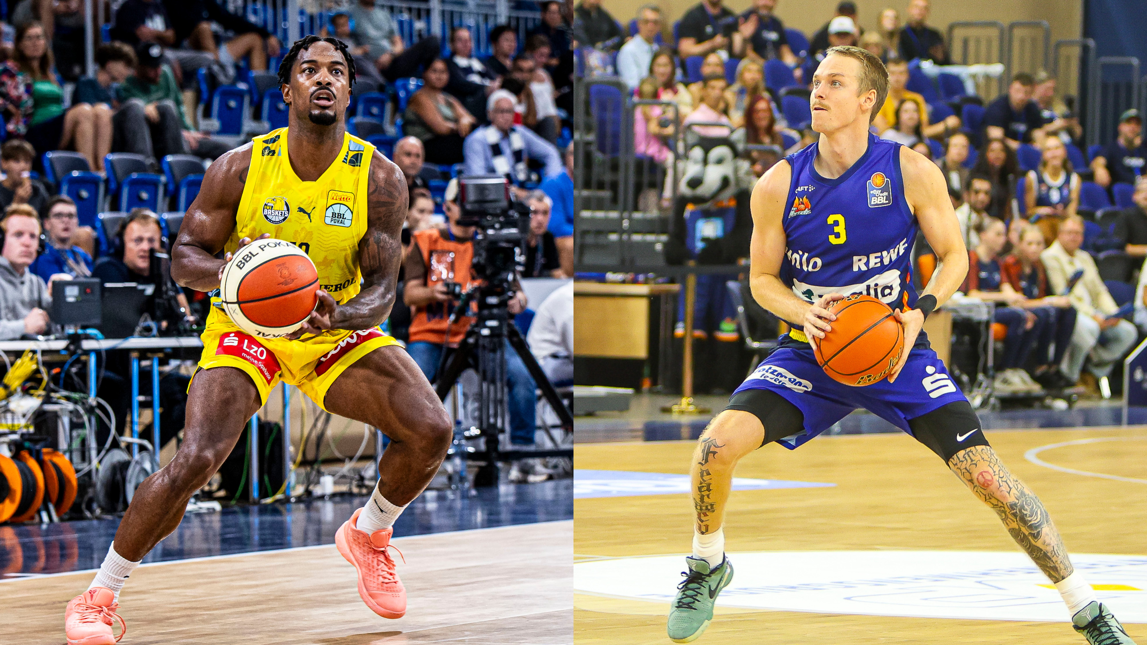 Zwei konzentrierte Basketballspieler in gelbem und blauem Trikot mit Ball