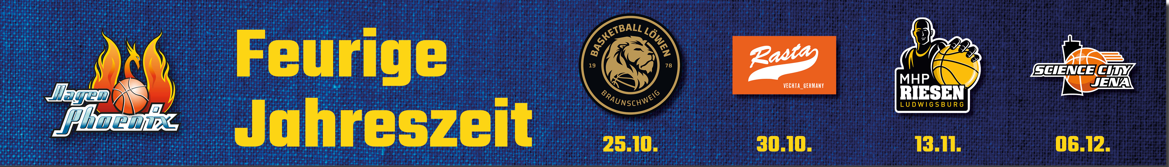 Werbebanner fuer Basketballspiele mit vier Vereinslogos und Spielterminen