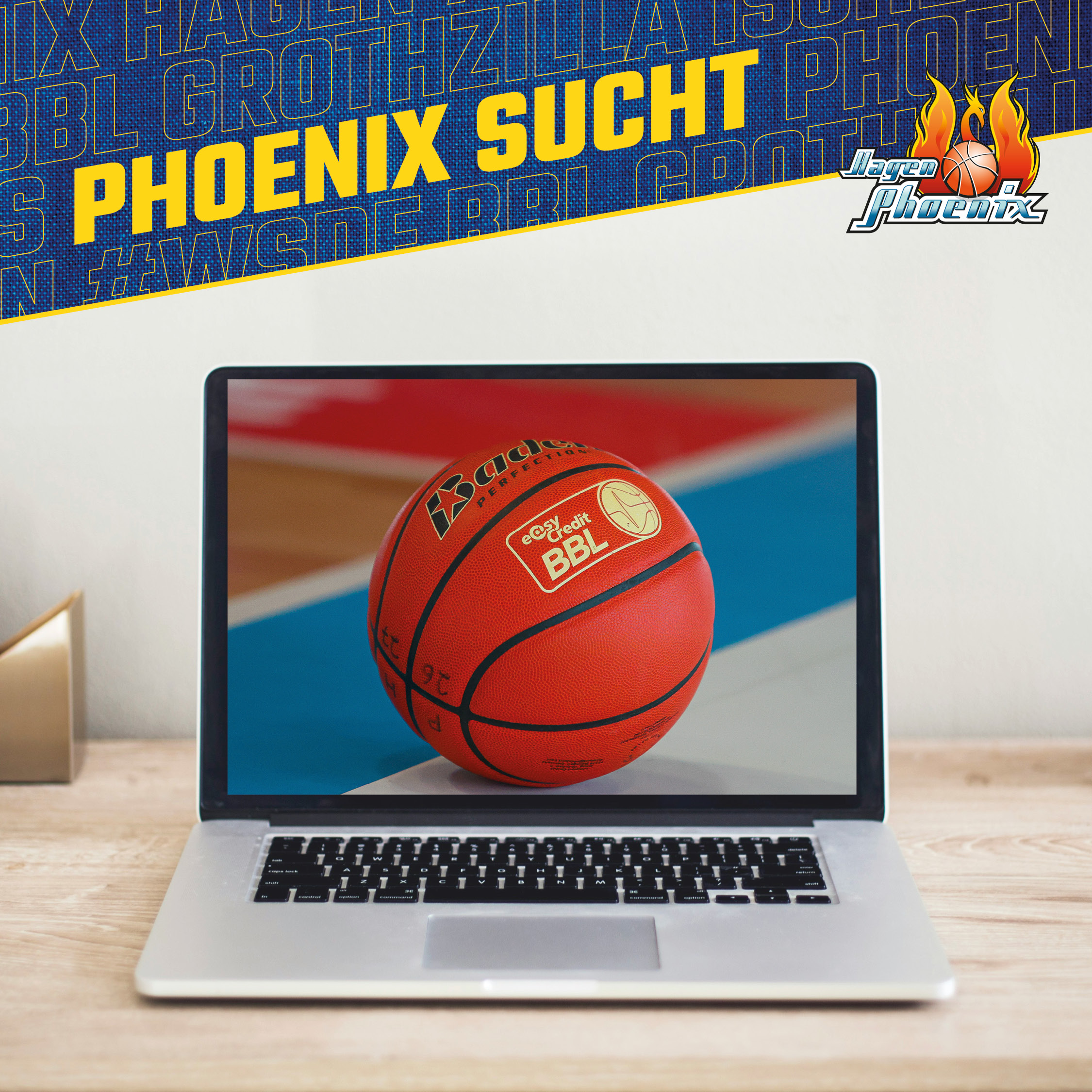 Ein Laptop auf einem Holztisch zeigt einen orangen Basketball mit BBL Logo