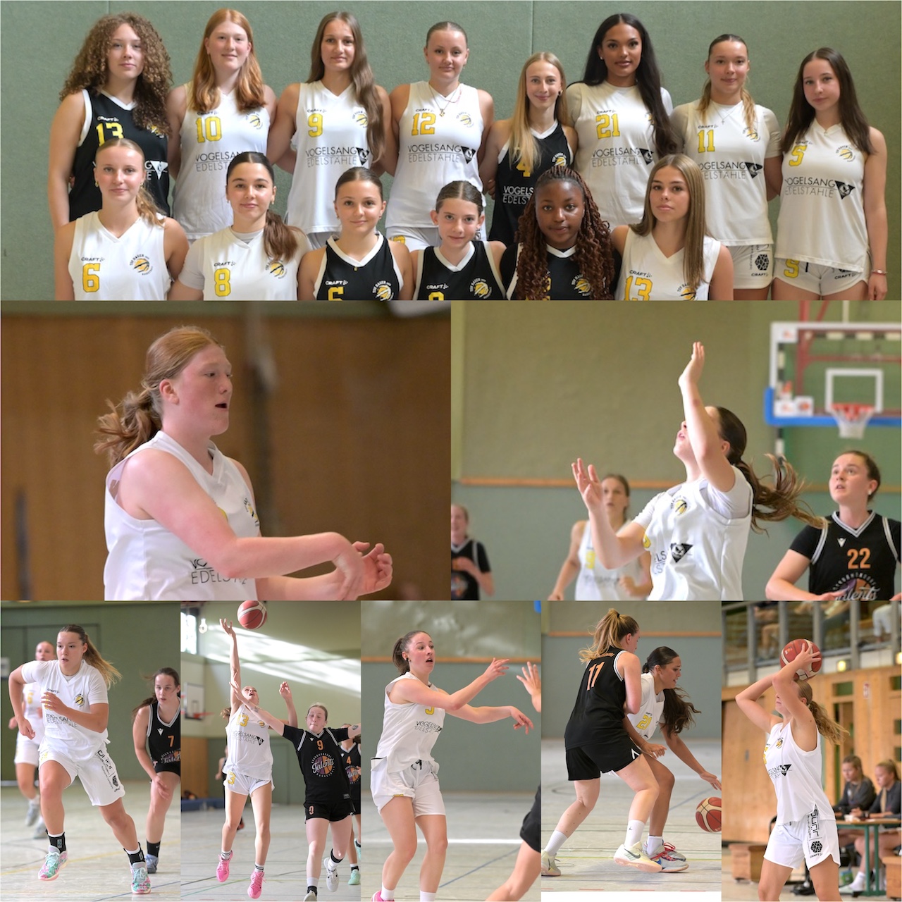 Eine Damenbasketballmannschaft in schwarz-weissen Trikots posiert und spielt in der Halle