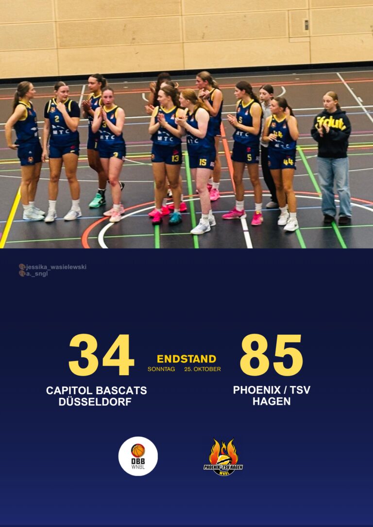 Ein Basketballteam in blau gelben Trikots applaudiert in einer Sporthalle