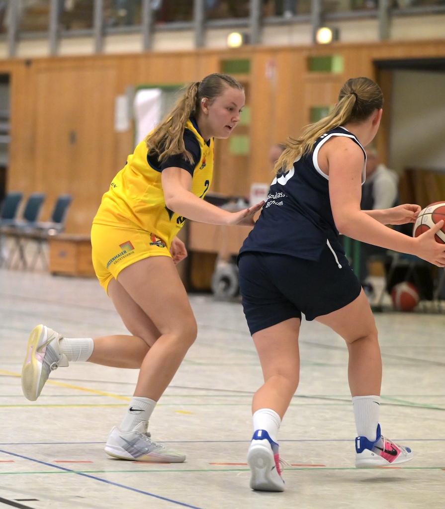 Zwei Basketballspielerinnen in Gelb und Blau kaempfen konzentriert um den Ball